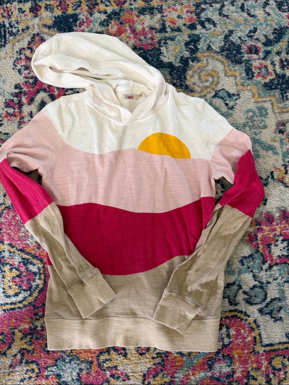 Faherty Colorblock Sunrise Hooded Pullover - White, Pink, Fuchsia, Tan & Yellow